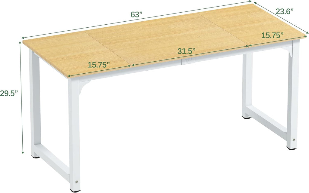 NSdirect Modern Computer Desk 63 Inch Large Office Desk, Writing Study Table for Home Office Desk Workstation Wide Metal Sturdy Frame Thicker Steel Legs, White