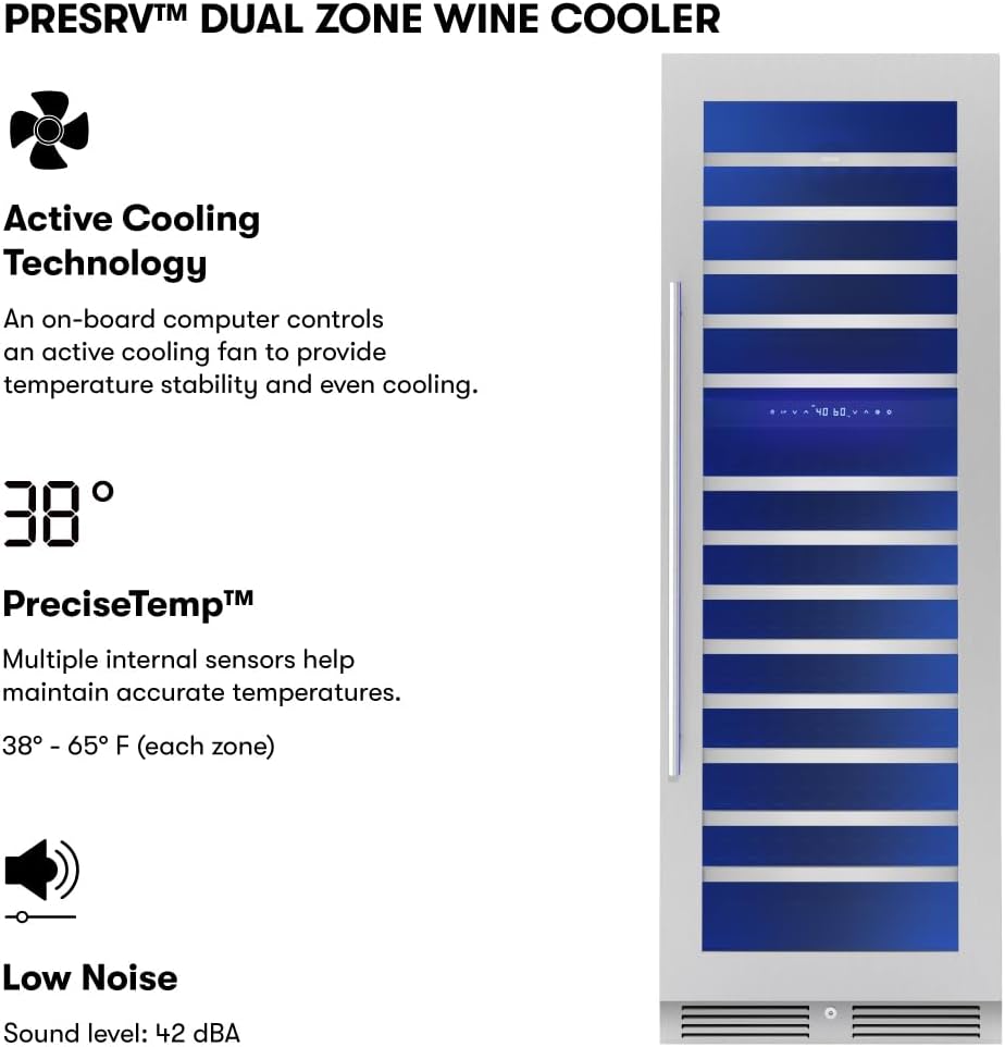Zephyr Presrv 24 Inch Wine Fridge Full Size Dual Zone - Wine Cooler Cellars Large Cabinet Wine Refrigerator Home Bar Chiller Freestanding with French Glass Door - 138 Bottles 750 ml