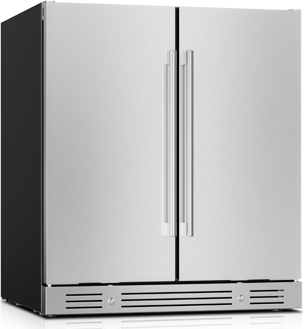 Yeego 30 Inch Wine & Beverage Cooler, Dual Zone 34–65°F, Holds 33 Wine Bottles & 80 Cans, Stainless Steel Door with Lock, Built-In or Under Counter Refrigerator for Indoor & Covered Outdoor Use