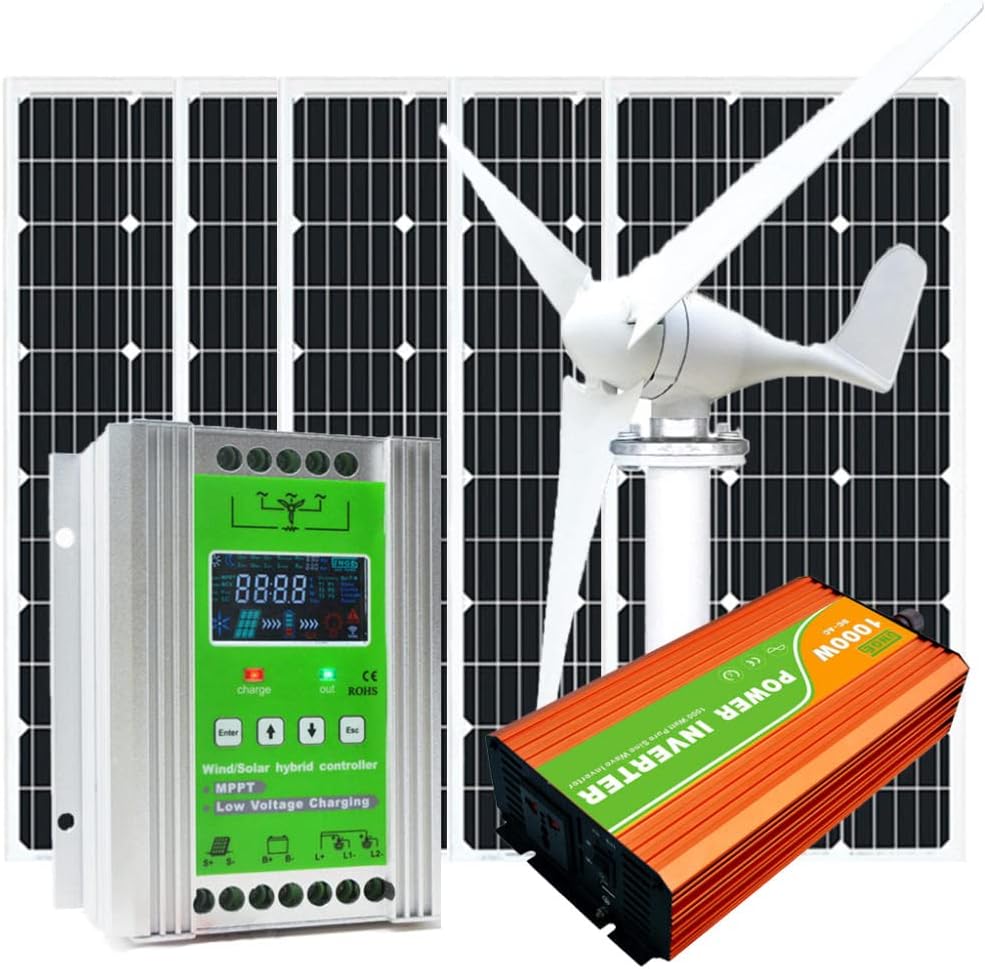 2000W Home Wind Turbine Generator and Solar Panel System Kit(Phone Control): 1000W Wind Turbine Generator + 100W Solar Panel X 10 + MPPT Charge Controller + 2000W Inverter + Off-Grid System