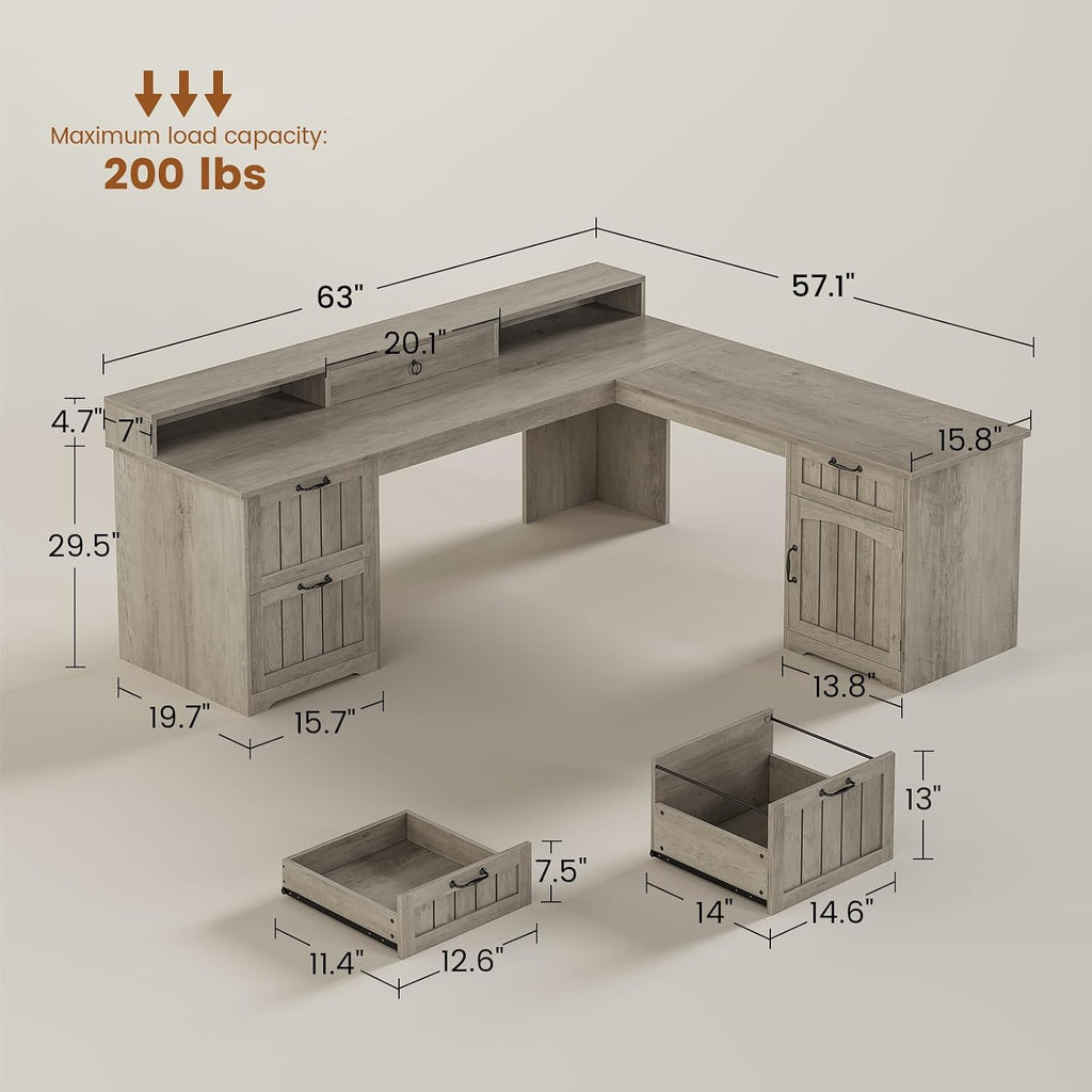 SEDETA 63' L Shaped Desk with Drawers, Farmhouse Corner Computer Desk, Wood Office Desk with File Drawers with Storage, Executive Desk with Monitor Stand and Storage Cabinet, Grey