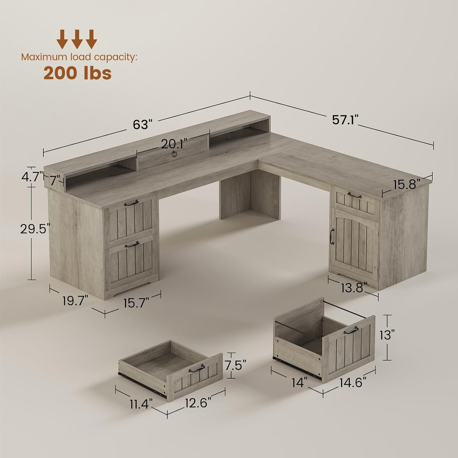 SEDETA 63' L Shaped Desk with Drawers, Farmhouse Corner Computer Desk, Wood Office Desk with File Drawers with Storage, Executive Desk with Monitor Stand and Storage Cabinet, Grey