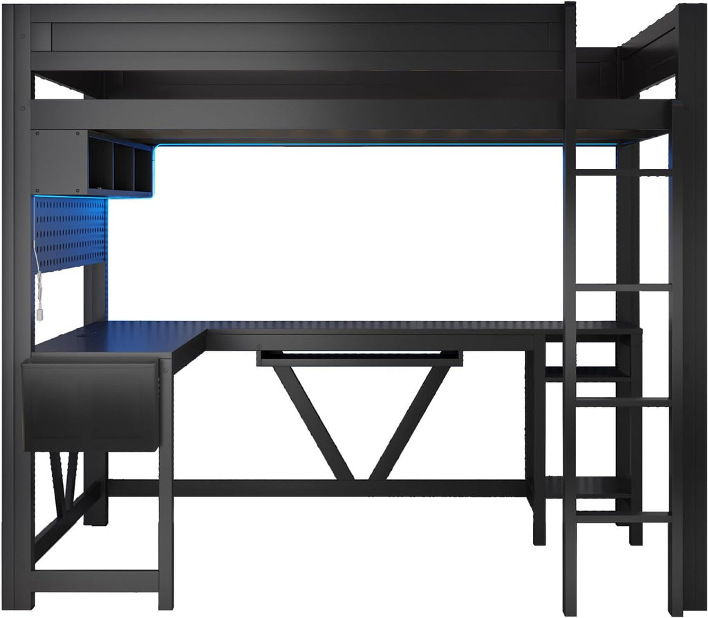 Unique Wood Full Size Gaming Loft Bed with Desk and Storage Shelves,LED and Charging Station,for Kids Teens Adults Bedroom Use (Black/LED, Full)