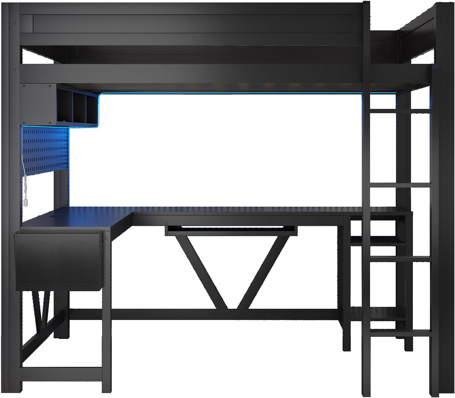 Unique Wood Full Size Gaming Loft Bed with Desk and Storage Shelves,LED and Charging Station,for Kids Teens Adults Bedroom Use (Black/LED, Full)