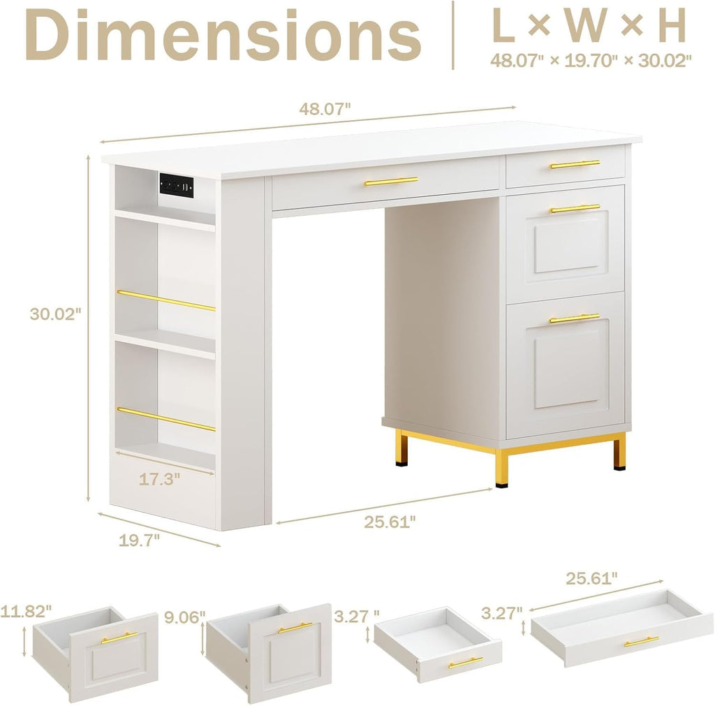 4 EVER WINNER White Desk with Drawers and Power Outlet, 48 Inch Small Desks with Storage Golden Handle, Girls Desk with 4 Storage Writing Table for Small Spaces, White and Gold Desks