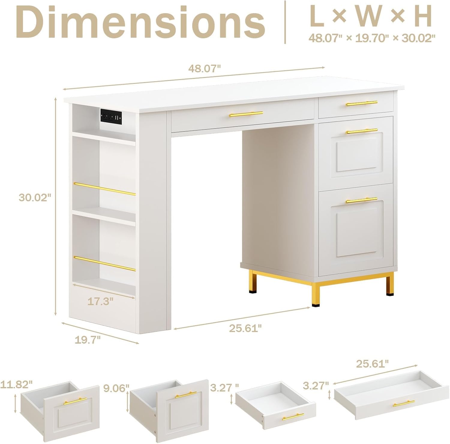4 EVER WINNER White Desk with Drawers and Power Outlet, 48 Inch Small Desks with Storage Golden Handle, Girls Desk with 4 Storage Writing Table for Small Spaces, White and Gold Desks