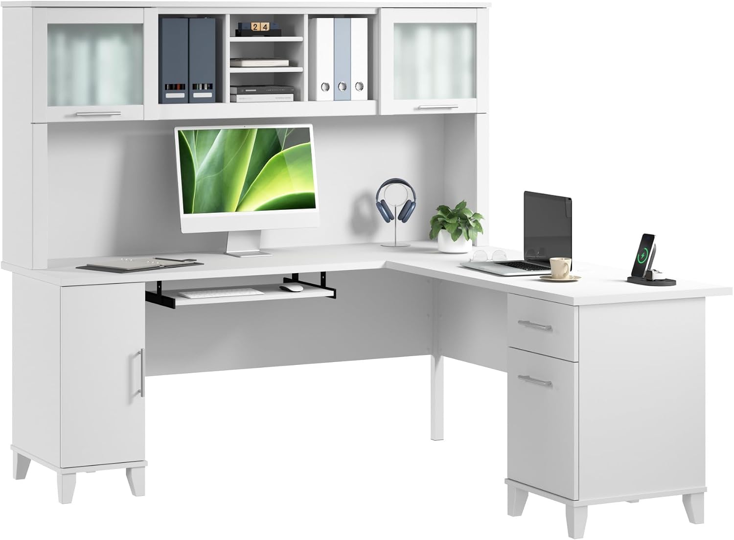 Bush Furniture Somerset L Shaped Desk with Hutch in White | Corner Computer Table with Drawers, Cabinets and Pullout Keyboard/Laptop Tray for Home Office