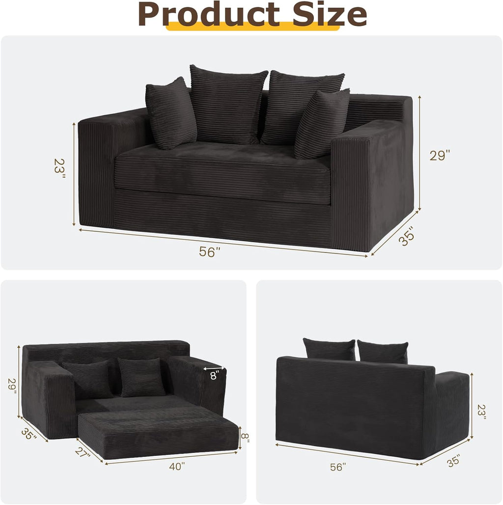 cidludto Convertible Sofa Bed, Boneless Loveseat Folding Couch Bed Foldable - 3 in 1 Small Ccouch & Futon Sofa Sleeper, Corduroy Pull Out Couch with 4 Pillows for Living Room, Black