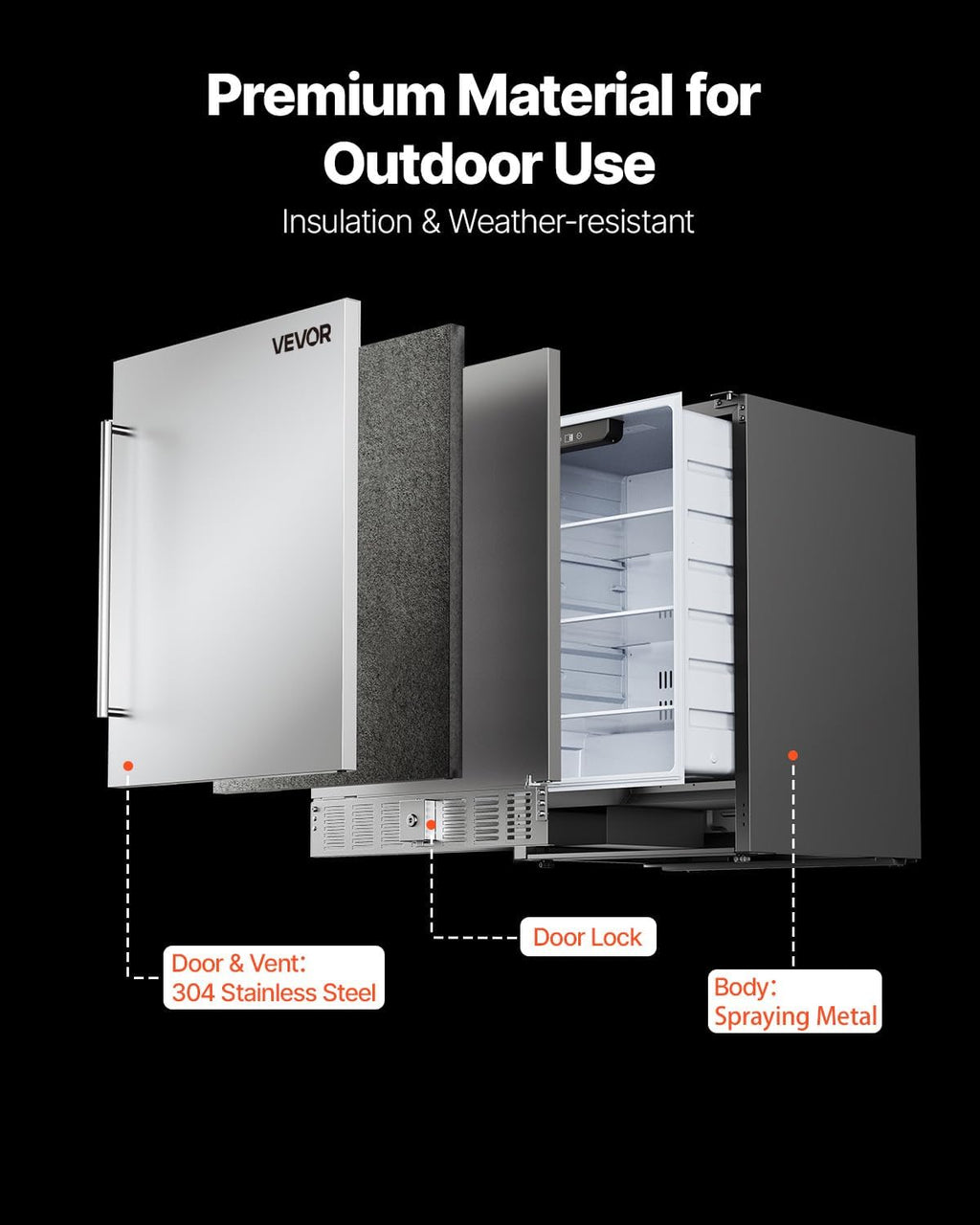 VEVOR 24-Inch Outdoor Beverage Refrigerator, 150 QT Built-in Drink Fridge, 0.56 kWh/Day Energy-Efficient Cooler with 304 Stainless Steel Door, Holds 180 Cans for Outdoor Kitchen, Home Bar, Patio