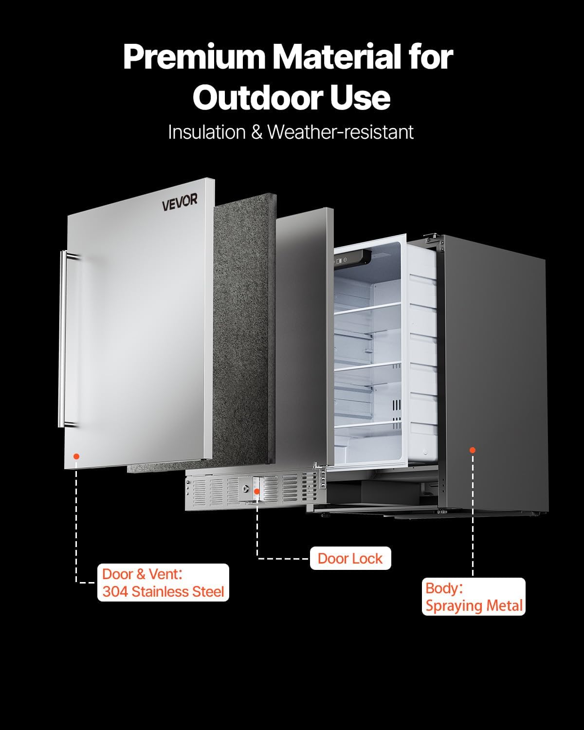 VEVOR 24-Inch Outdoor Beverage Refrigerator, 150 QT Built-in Drink Fridge, 0.56 kWh/Day Energy-Efficient Cooler with 304 Stainless Steel Door, Holds 180 Cans for Outdoor Kitchen, Home Bar, Patio