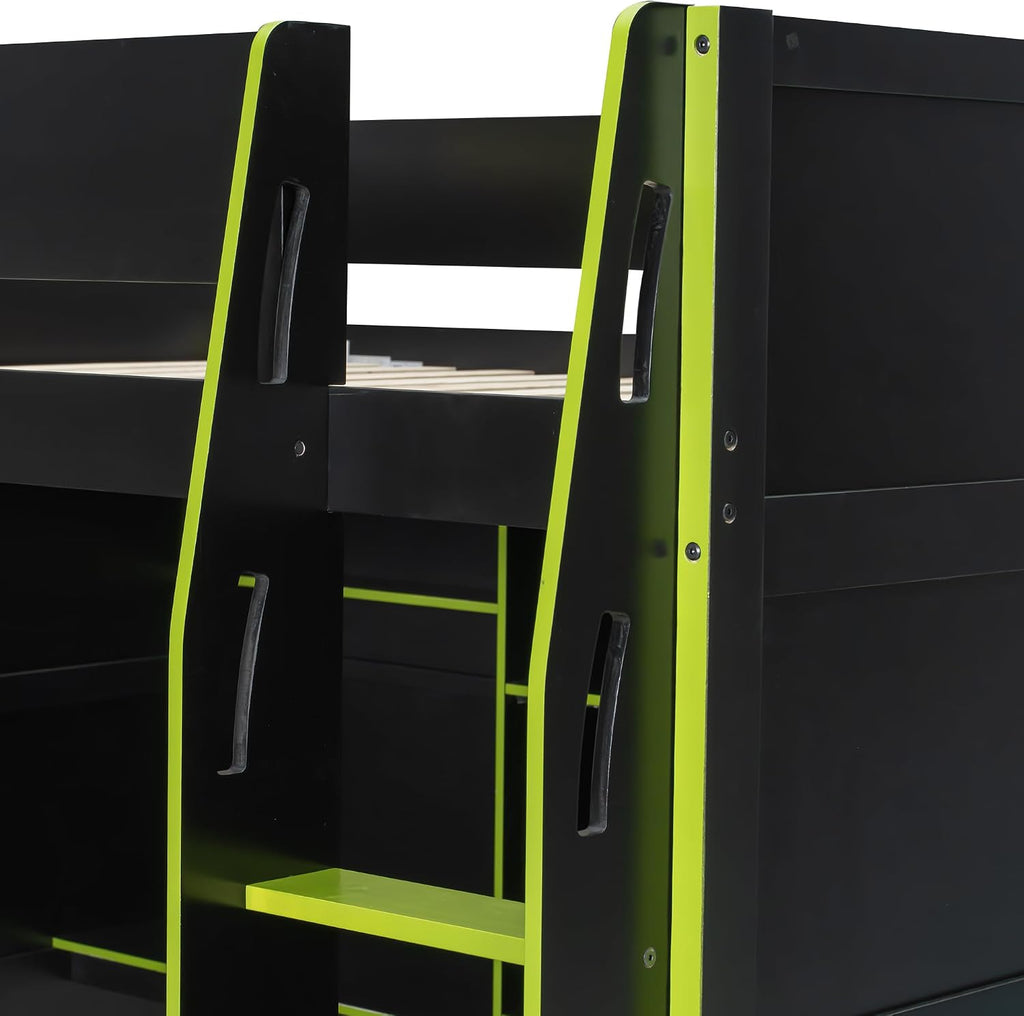 Merax Wood Loft Bed with Desk, Open Wardrobe, Storage Compartments and RGB Lights, Full Size, Green