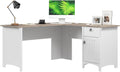 Bush Home L Shaped Desk with Storage for Home Office, Modern Farmhouse Corner Table with Drawers and Cabinets, Salinas Collection, Pure White and Shiplap Gray