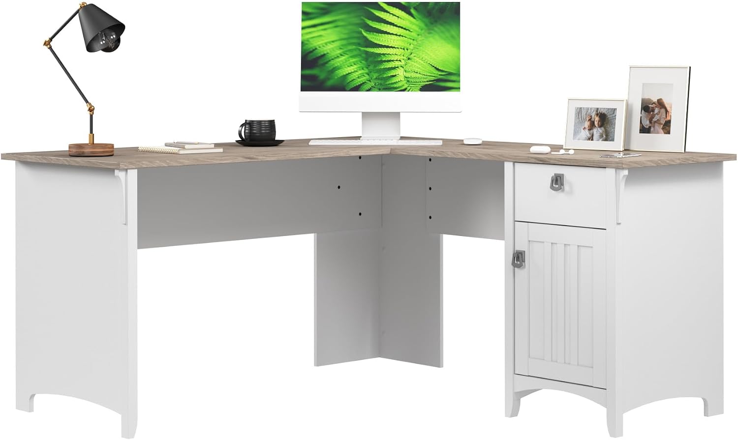 Bush Home L Shaped Desk with Storage for Home Office, Modern Farmhouse Corner Table with Drawers and Cabinets, Salinas Collection, Pure White and Shiplap Gray