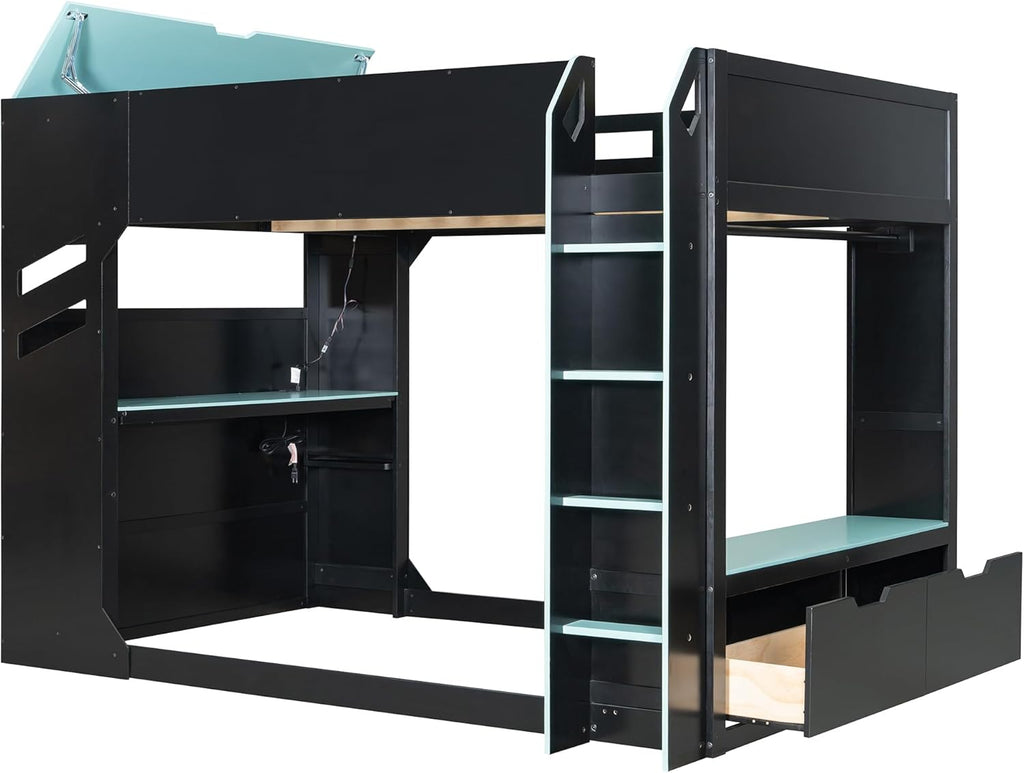 Merax Wood Loft Bed with Height-Adjustable Desk,Drawers,Storage Compartments,Hanging Rod and RGB Lights, Full Size, Blue