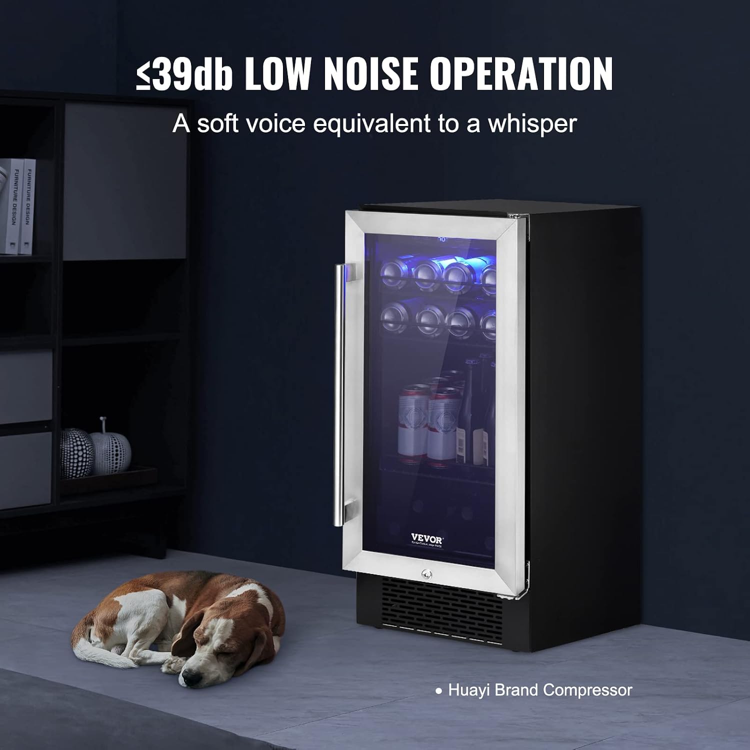 VEVOR 15' Beverage Refrigerator, 96 Cans Under Counter Built-in or Freestanding Beer Fridge, Blue LED Light, Adjustable Shelves, Child Lock, ETL