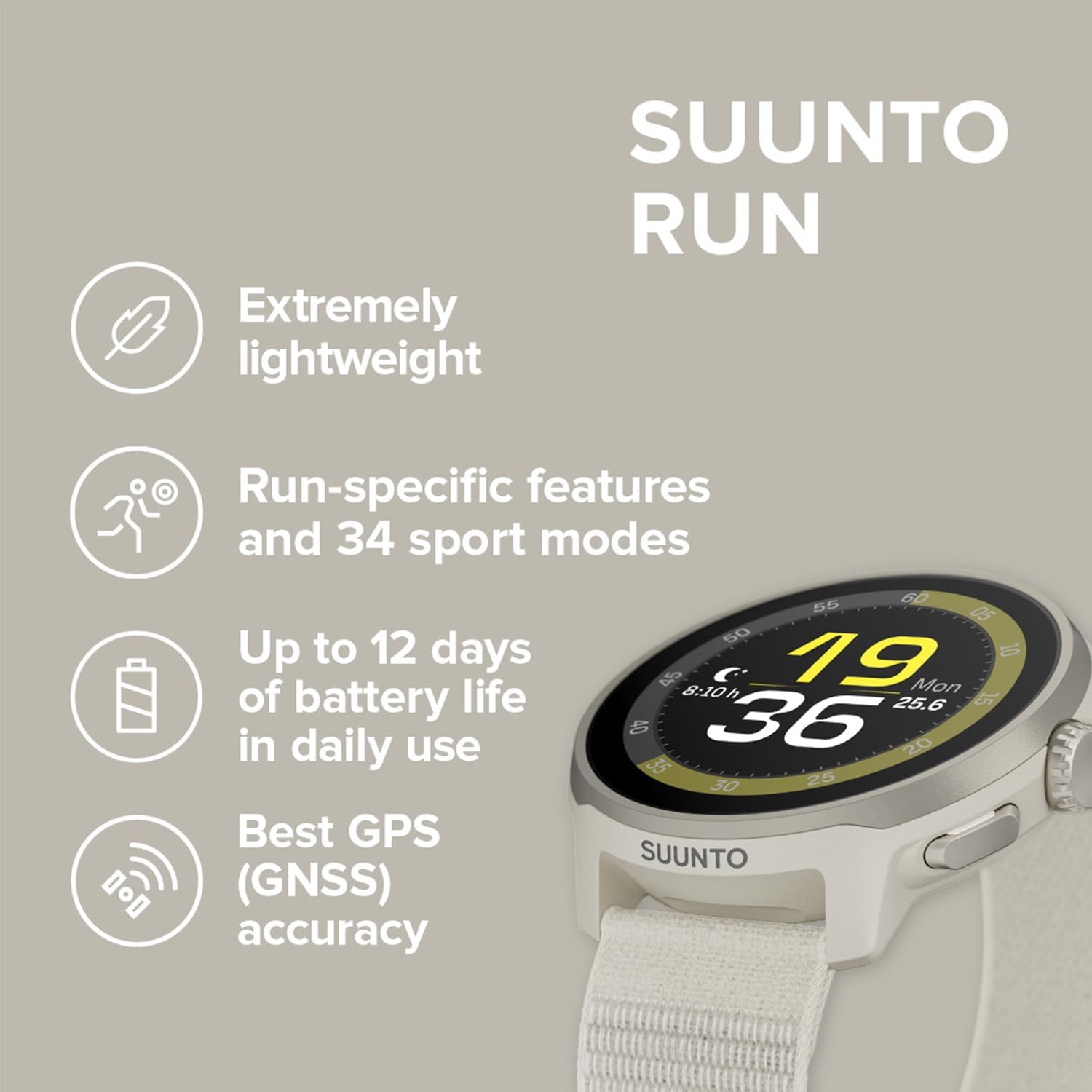 SUUNTO Run Sports Watch, 1.32' AMOLED Touchscreen w/Crown Button, 12D Battery Life, Dualband Accurate GPS, Wrist Heart-Rate & Sleep Health Tracking, 35g Lightweight & 4GB Offline Music, Frost Gray