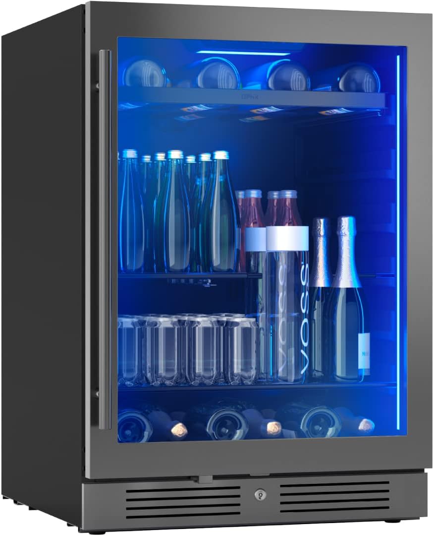 Zephyr 24' Wine Fridge & Beverage Refrigerator Single Zone Under Counter - Mini Wine Cooler Cellars Small Beer Cabinet Drink Chiller Freestanding with French Glass Door Black, 7 Bottles, 112 Cans