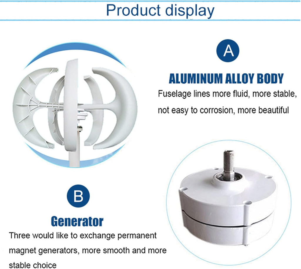 Vertical Axis Lantern Wind Turbines Generator,3000W 12V 24V 48V 5 Blades AC Portable Energy Wind Turbines Generator Kit No Noise for Home Camping (White)
