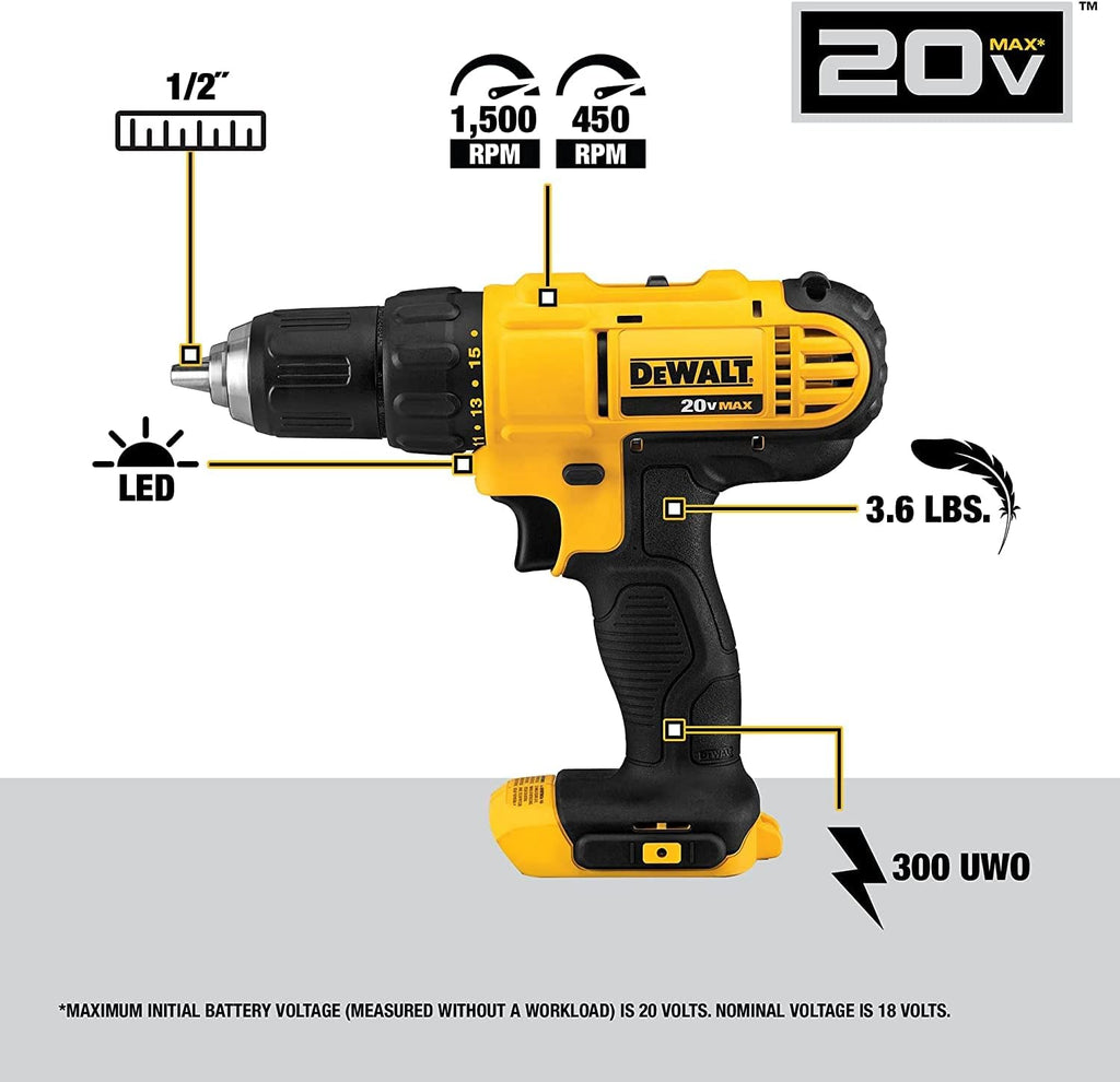 DEWALT 20V Max Cordless Drill Combo Kit, 2-Tool with 1.5 Ah 20V Li-Ion Compact Battery (DCK240C2 & DCB201)