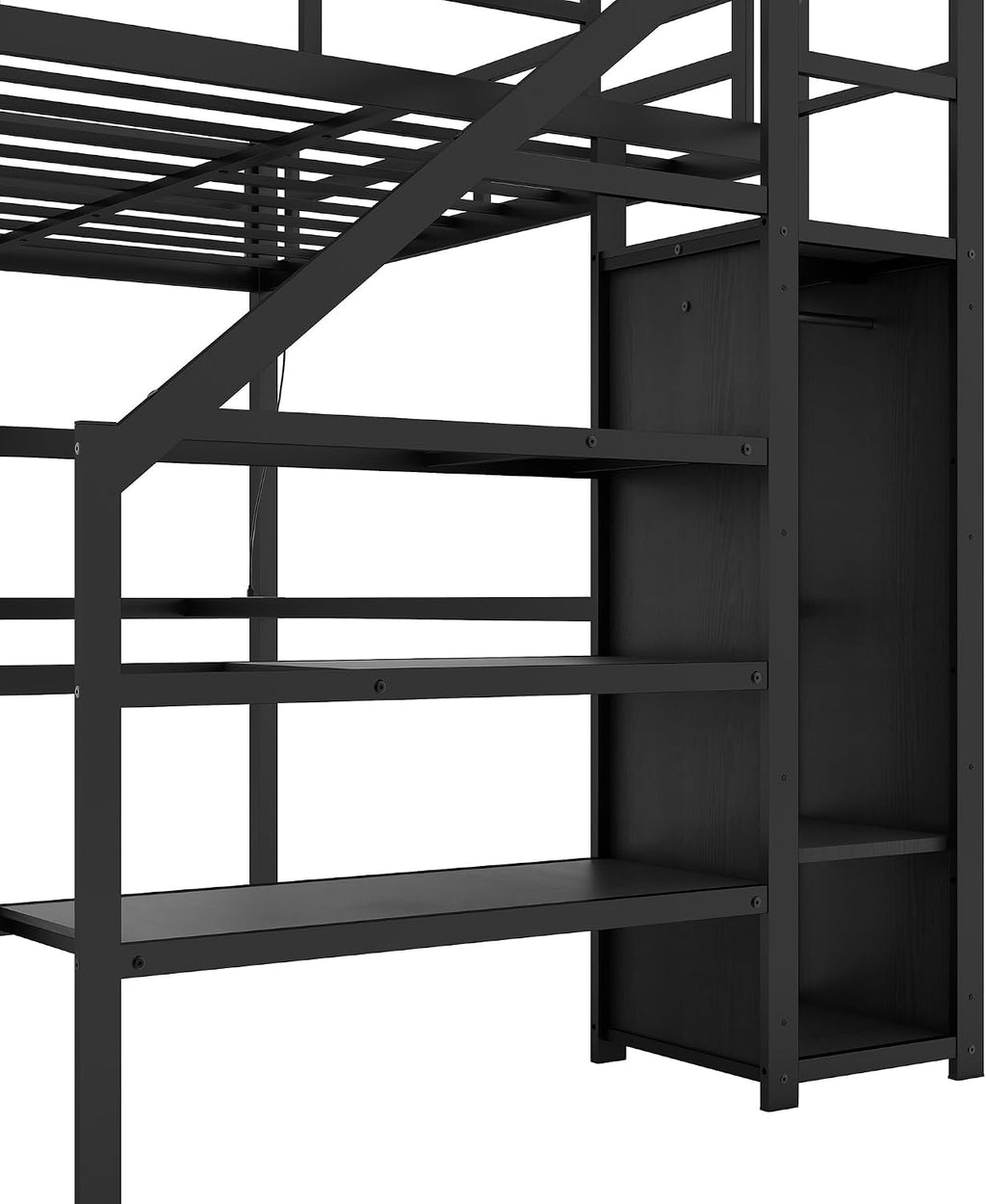 Metal Twin XL Size Loft Bed with Desk and Wardrobe,Heavy Duty Loft Bed Frame with Storage Stairs,LED Lights and Charging Station for Kids,Teens,Adults,Space Saving,Black