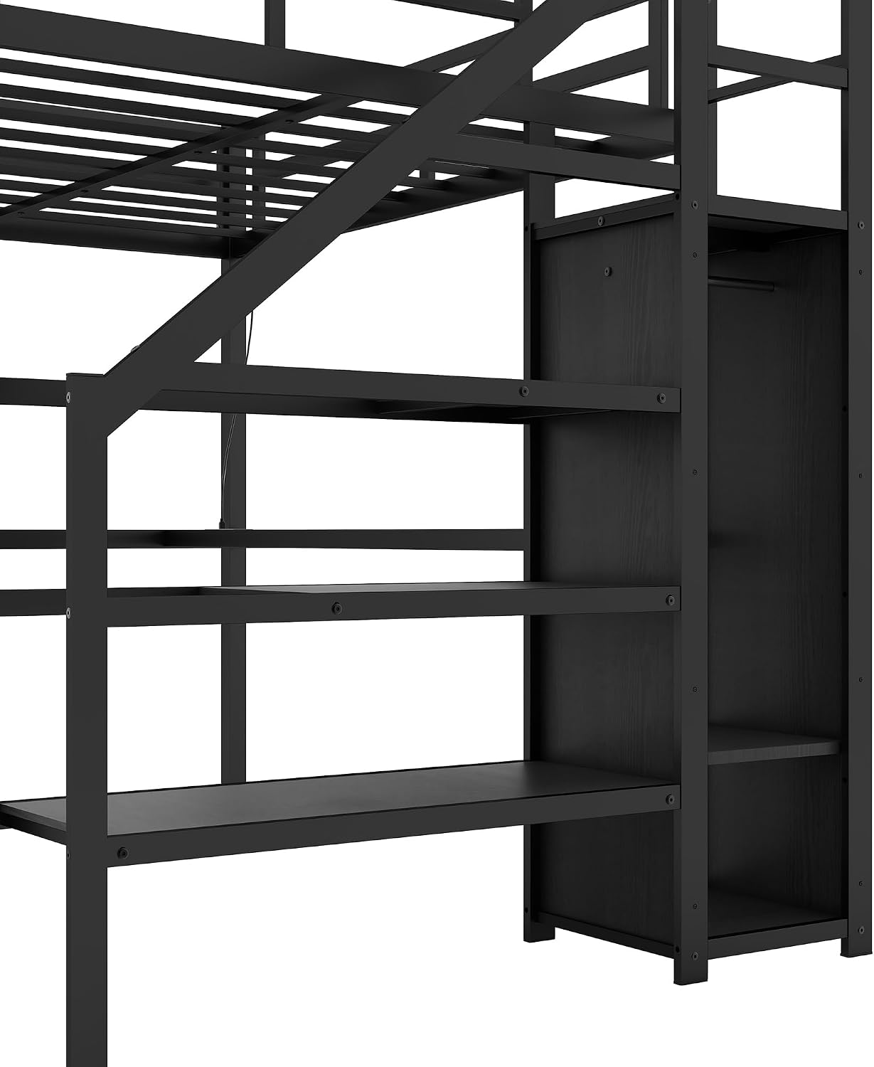 Metal Twin XL Size Loft Bed with Desk and Wardrobe,Heavy Duty Loft Bed Frame with Storage Stairs,LED Lights and Charging Station for Kids,Teens,Adults,Space Saving,Black
