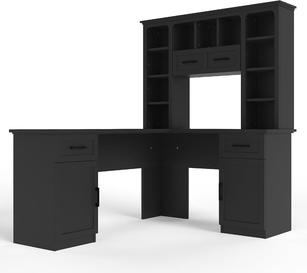 Bellemave L-Shaped Computer Desk with Drawers, Hutch and Bookshelf, Home Office Desk, Corner Gaming Computer Desk with Power Outlet, Study Table Writing Desk, Black