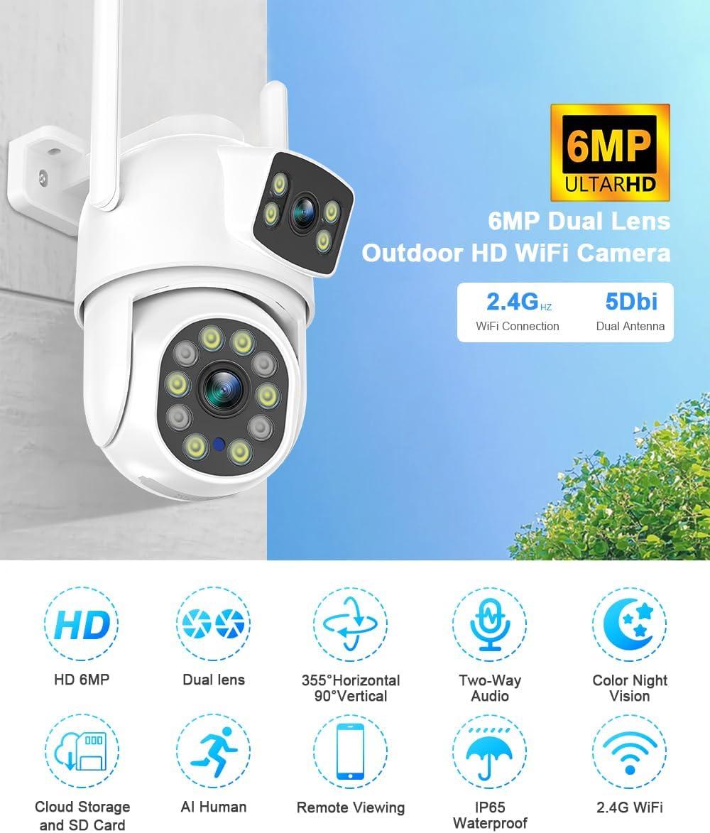 EVERSECU Dual Lens Linkage 6MP WiFi PTZ Security Camera Outdoor, 360° View, Auto Tracking, Motion Detection, Color Night Vision, 2-Way Audio, Compatible with Alexa(4pack)
