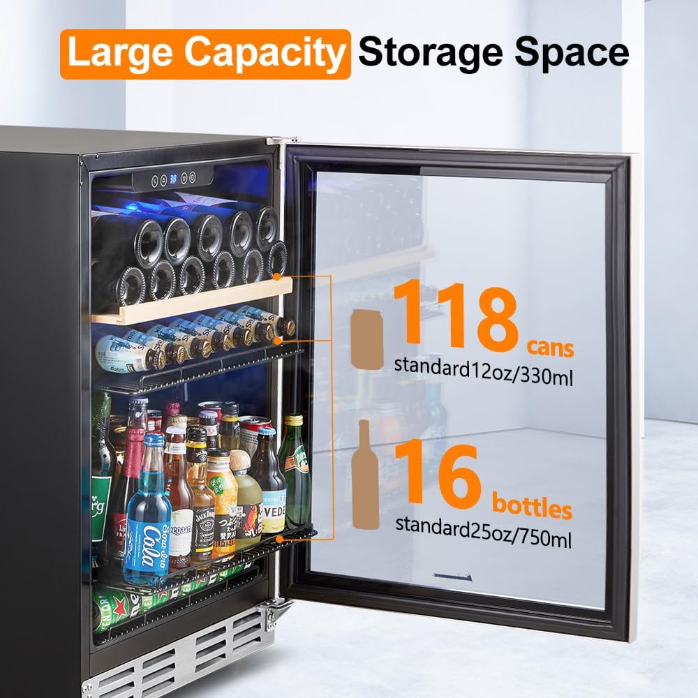 Kalamera Mini Fridge Beverage and Wine Cooler Built-in or Freestanding - 118 Cans & 16 Bottles Capacity Wine Refrigerator Cooler