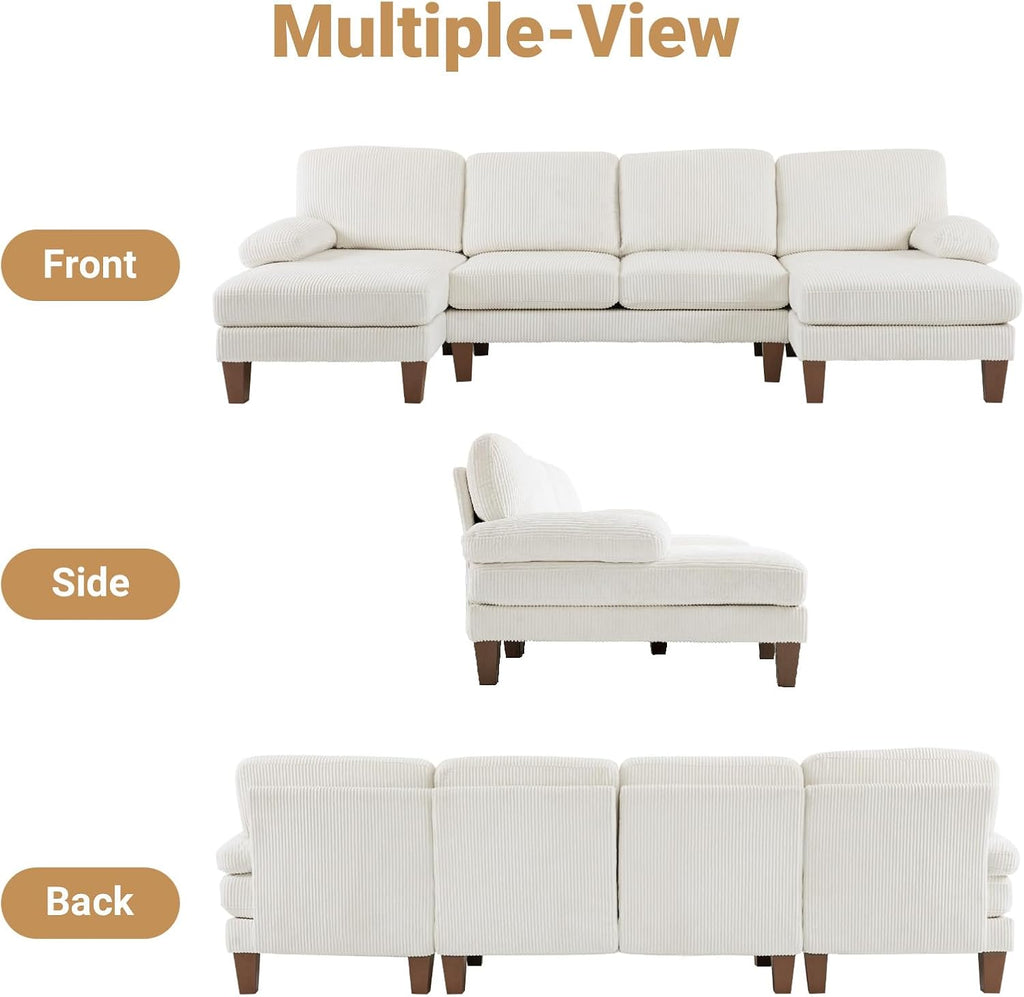 VINGLI 110' U Shaped Comfy Sectional Couch, Double Chaise Sofa in Corduroy Fabric for Apartment, 4-Seater Upholstered Couch with Memory Foam, Modern Couches for Living Room, Small Space, Beige