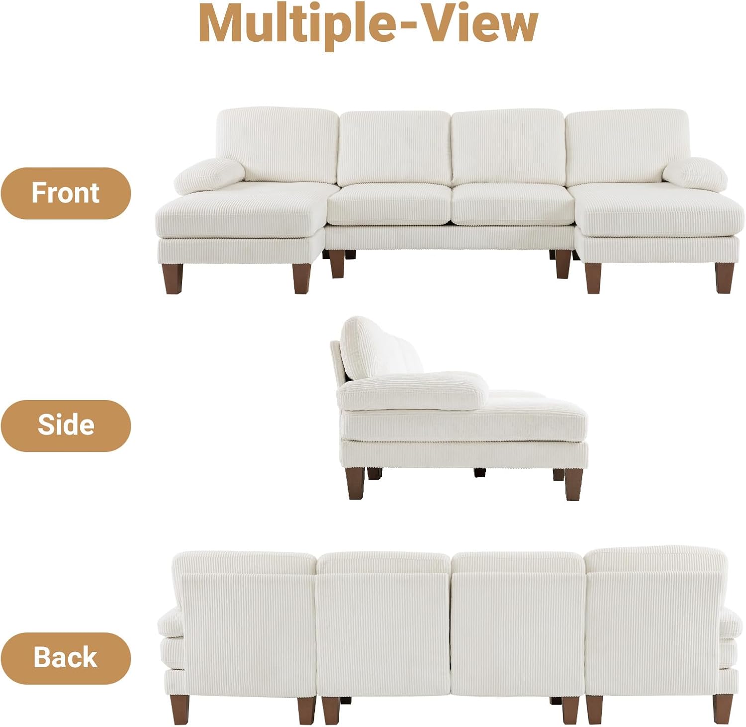 VINGLI 110' U Shaped Comfy Sectional Couch, Double Chaise Sofa in Corduroy Fabric for Apartment, 4-Seater Upholstered Couch with Memory Foam, Modern Couches for Living Room, Small Space, Beige