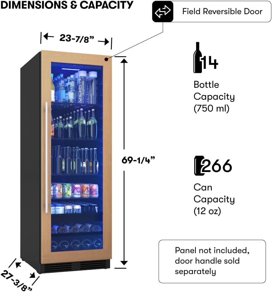 Zephyr 24 Inch Panel-Ready Wine Fridge & Beverage Refrigerator Single Zone Full Size - Tall Wine Cooler Cellars Large Bar Drink Freestanding w/Glass Door - 266x12oz cans & 14x750 ml bottles