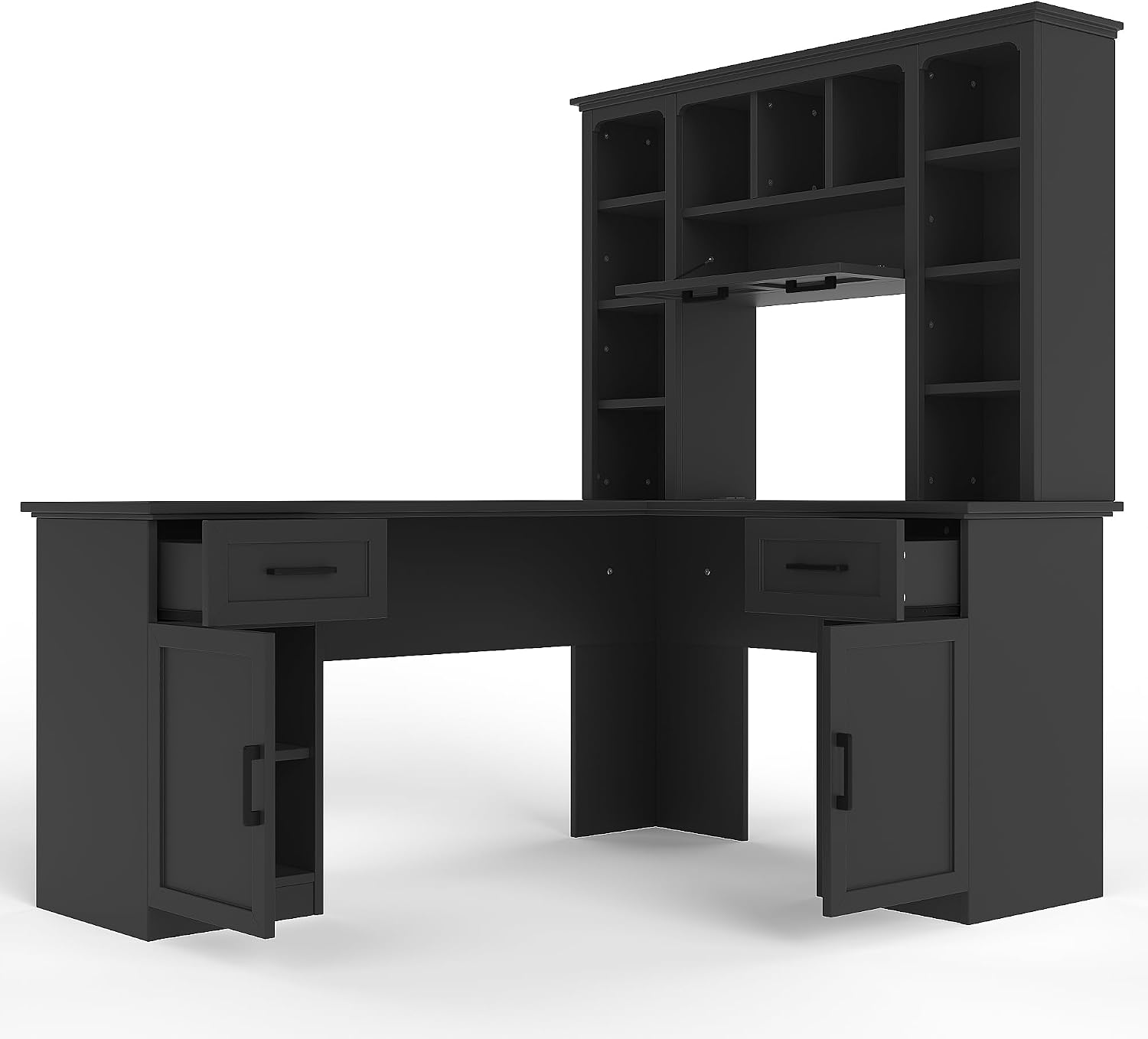 Bellemave L-Shaped Computer Desk with Drawers, Hutch and Bookshelf, Home Office Desk, Corner Gaming Computer Desk with Power Outlet, Study Table Writing Desk, Black