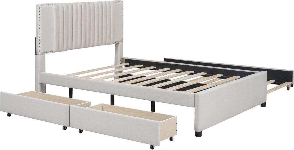 DNYN Full Size Upholstered Platform Bed with Trundle(Twin) & 2 Drawers for Kids Bedroom,Wooden Linen Fabric Bedframe w/Storage & Classic Heardboard,No Box Spring Needed, Beige