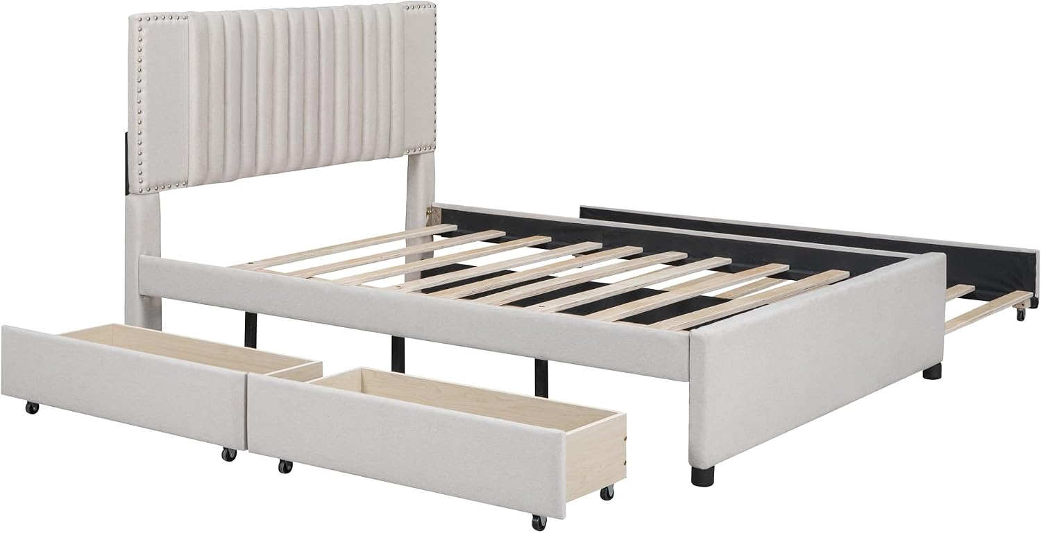 DNYN Full Size Upholstered Platform Bed with Trundle(Twin) & 2 Drawers for Kids Bedroom,Wooden Linen Fabric Bedframe w/Storage & Classic Heardboard,No Box Spring Needed, Beige