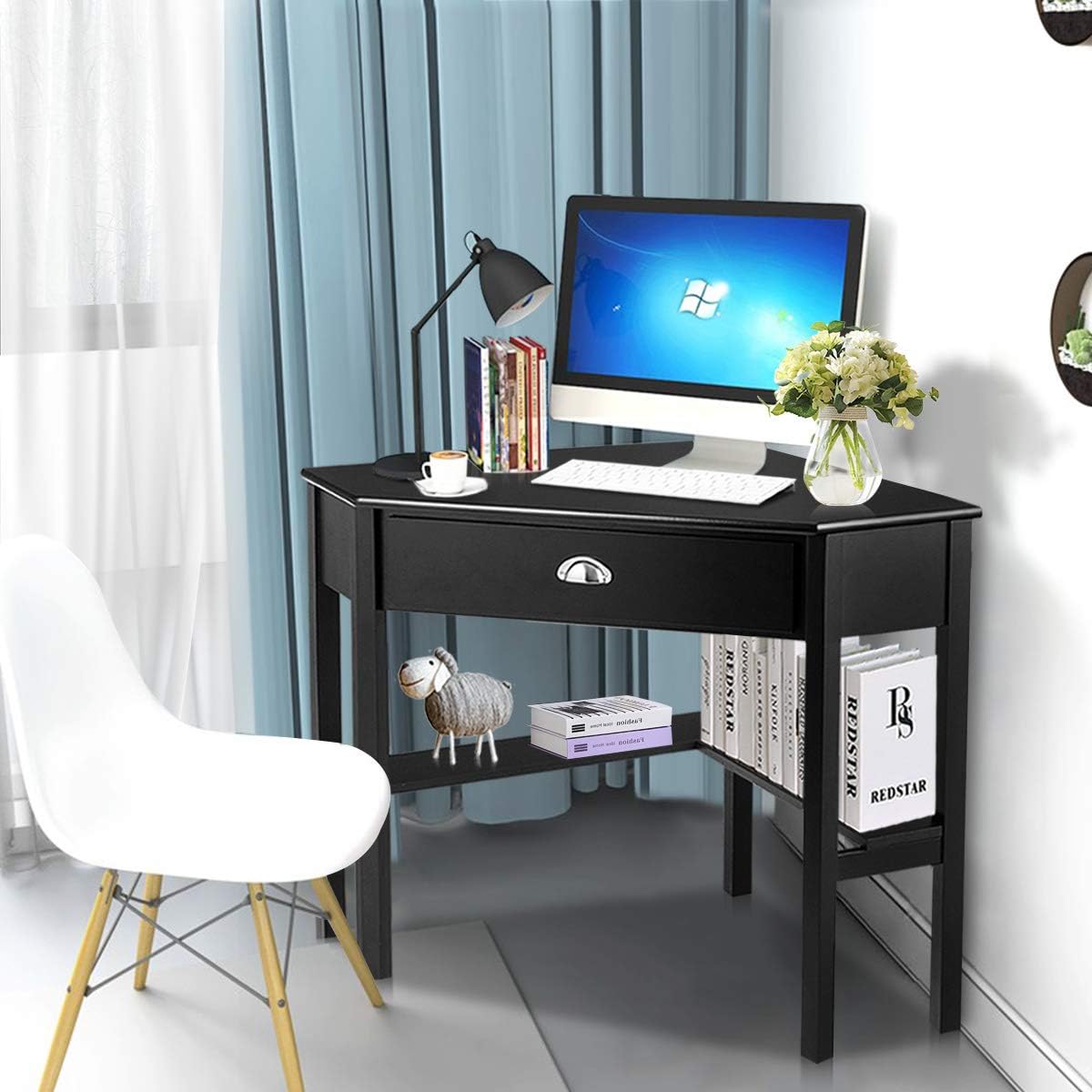 Tangkula Corner Desk, Corner Computer Desk with Drawer for Small Space, Small Corner Makeup Vanity Desk, 90 Degrees Triangle Corner Desk with Storage Shelves
