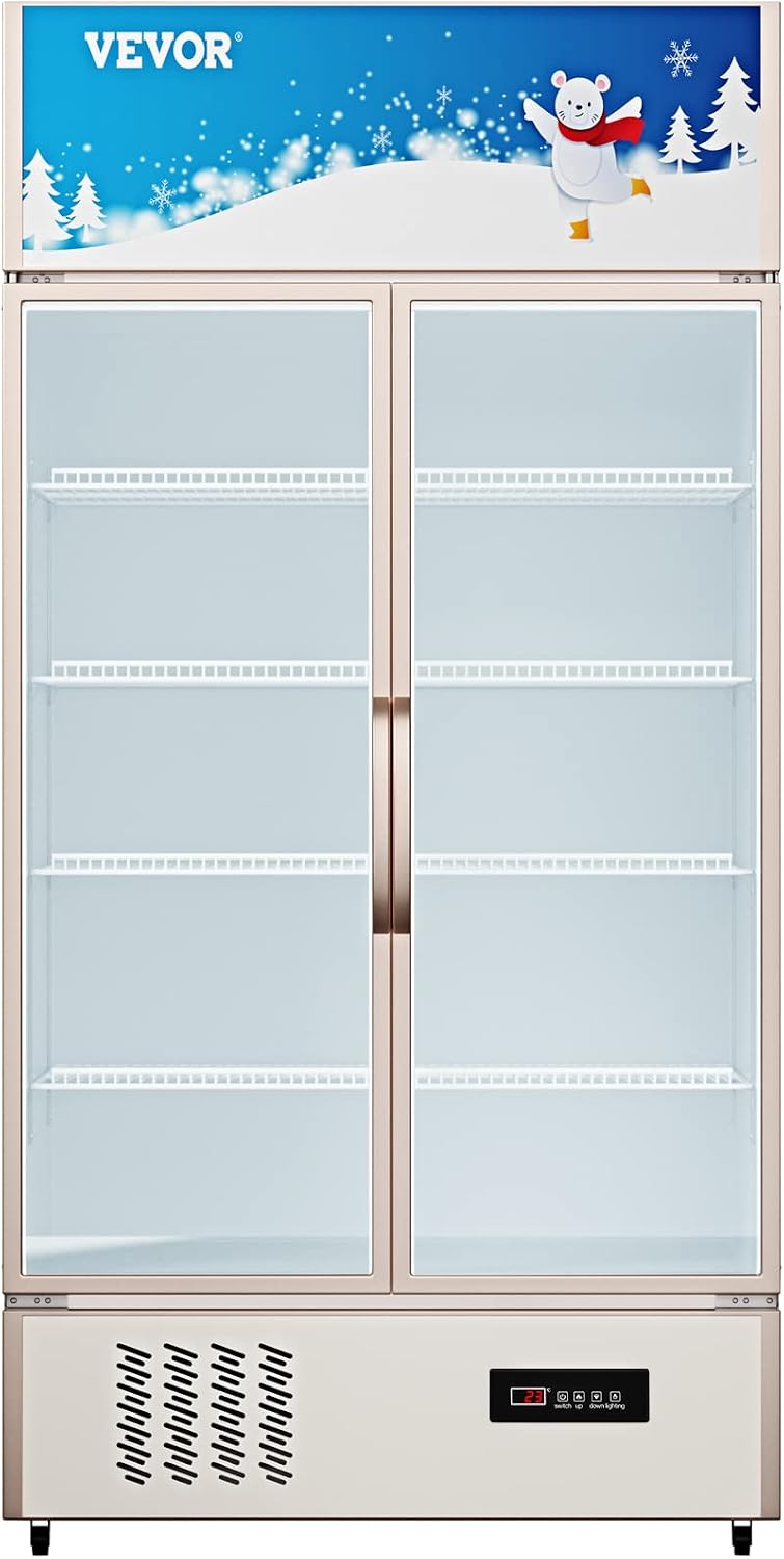 VEVOR Commercial Merchandiser Refrigerator 2 Glass Doors, 23 Cubic Ft, Upright Display Beverage Cooler 79' Tall x 39.4' Width, Fridge with LED Lighting for Drink Wine Soda, Gold