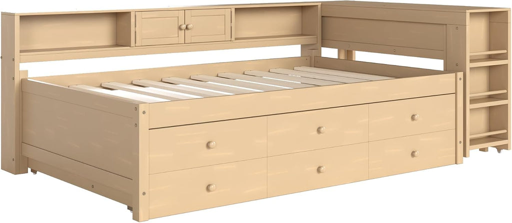 SOFTSEA Twin Size Corner Bed with Trundle & Storage Drawers, Wood Daybed with Desk and Bookcase Headboard, Twin Corner Daybed with Storage Shelves for Kids Teens Adults, Golden