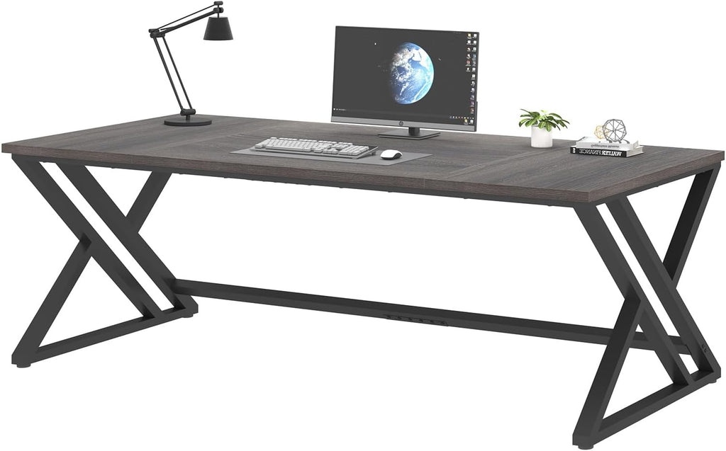 LVB 78.7 Long Executive Desk, Modern Large Computer Office Desk, Wood Metal Simple Pc Study Gaming Writing Table, Industrial Laptop Desk Workstation for Home Bedroom Living Room, Dark Gray, 78.7 Inch