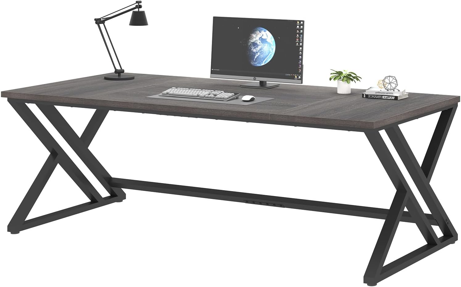 LVB 78.7 Long Executive Desk, Modern Large Computer Office Desk, Wood Metal Simple Pc Study Gaming Writing Table, Industrial Laptop Desk Workstation for Home Bedroom Living Room, Dark Gray, 78.7 Inch