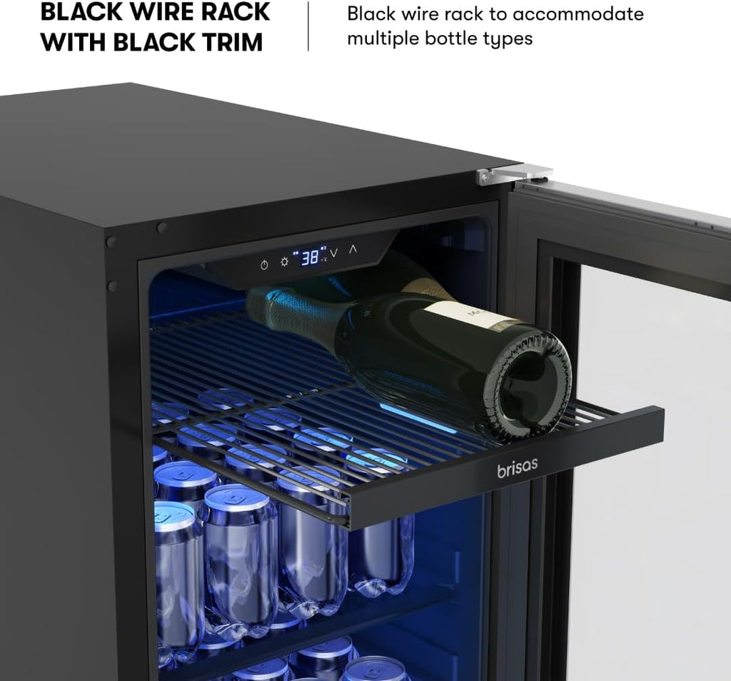 Zephyr Brisas 15 Inch Slim Beverage Fridge Single Zone Under Counter - Narrow Mini Wine & Drink Cooler Small Cabinet Wine Refrigerator Home Bar Freestanding with Glass Door - 4 Bottles, 64 Cans