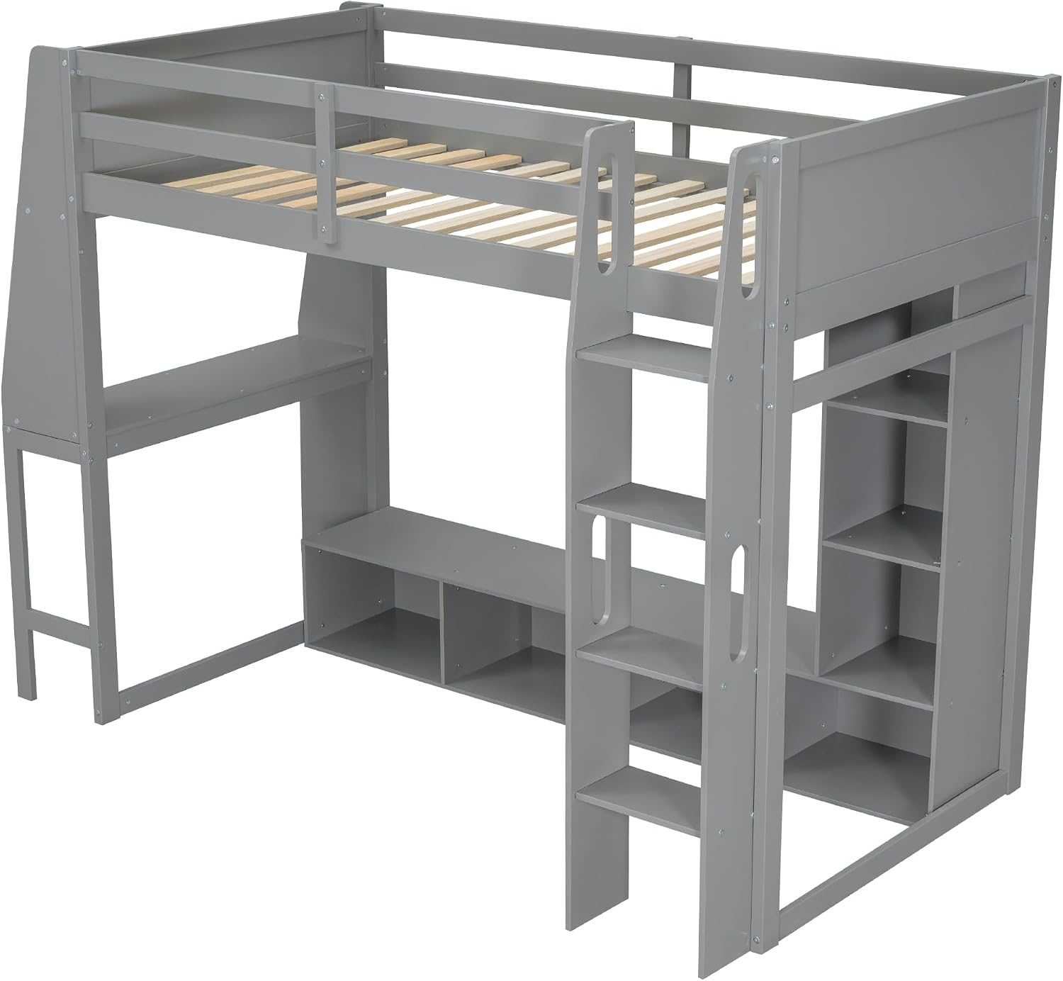 Solid Wood Gaming Loft Bed Twin Size with Desk & Shelves & Hanging Rack & LED,Esports Design for PC & Console Gamers,Space Saving Loft Bed Frame with Guardrails & Ladder,No Box Spring Needed,Gray