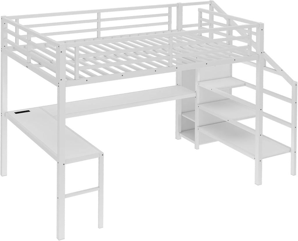 Metal Queen Size Loft Bed with Desk and Stairs,Heavy Duty Loft Bed Frame with Wardrobe and LED Lights for Adults,Teens,Kids,Space Saving,Queen Size,White
