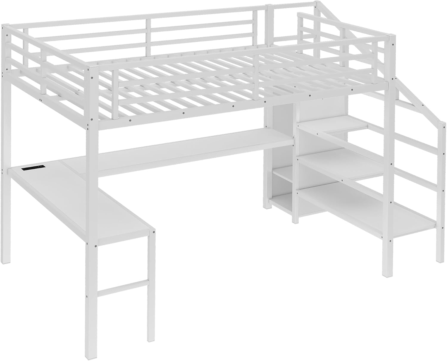 Metal Queen Size Loft Bed with Desk and Stairs,Heavy Duty Loft Bed Frame with Wardrobe and LED Lights for Adults,Teens,Kids,Space Saving,Queen Size,White
