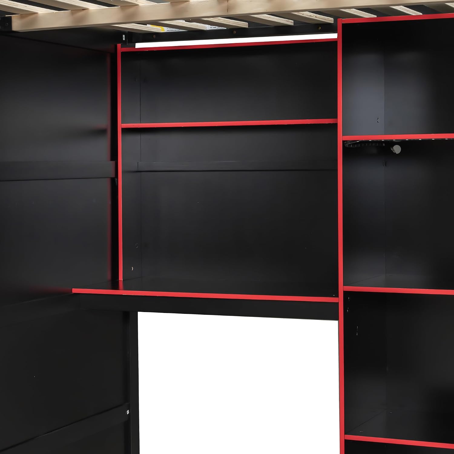 Merax Wood Loft Bed with Desk, Open Wardrobe, Storage Compartments and RGB Lights, Full Size, Red