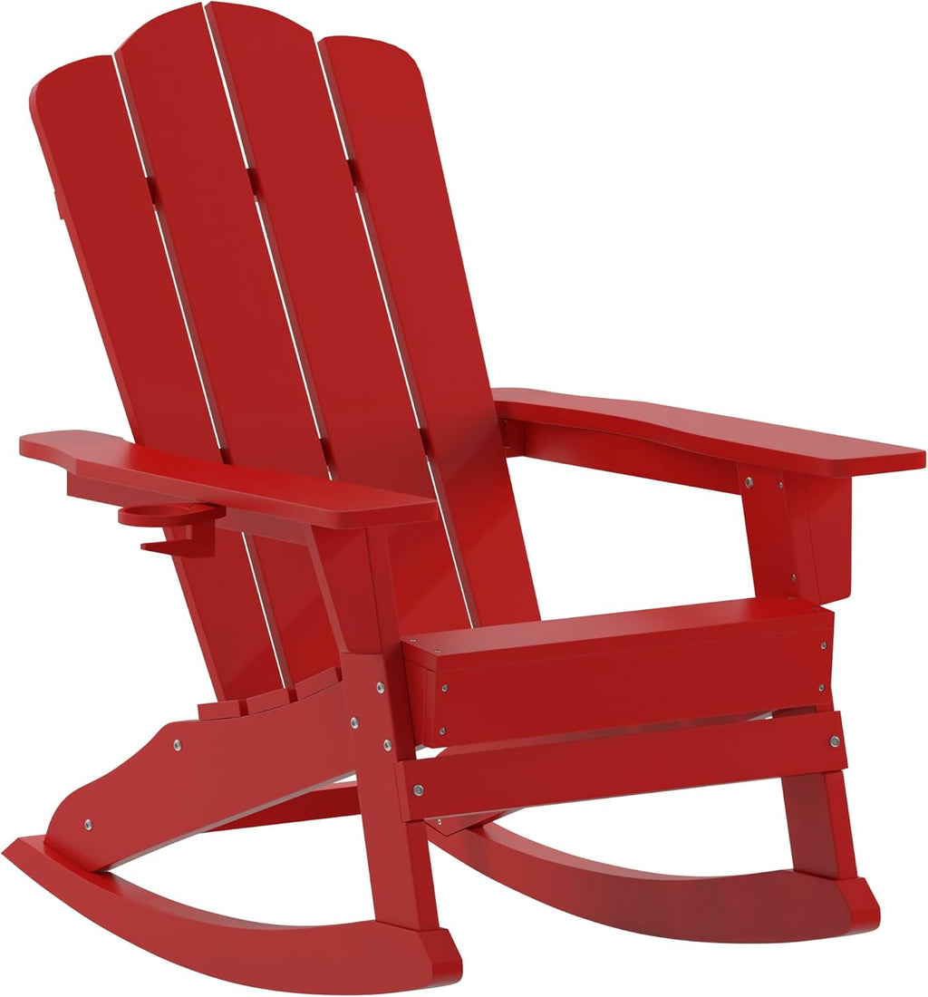 EMMA + OLIVER Tiverton Adirondack Rocking Chair with Cup Holder, Weather Resistant Poly Resin Adirondack Rocking Chair, Red