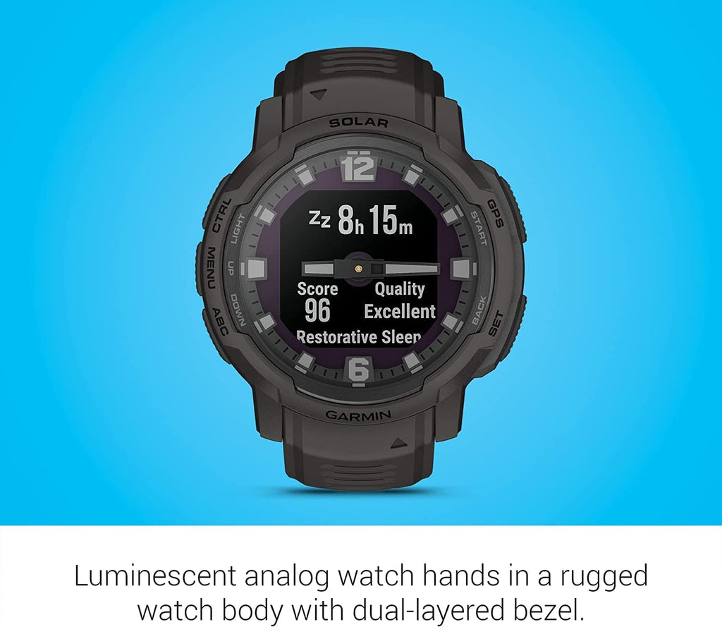 Garmin Instinct Crossover Solar Rugged Hybrid Smartwatch with Solar Charging Capabilities Graphite with Watch Charging Stand, 2-Port Car Adapter, Wall-Adapter & Watch Cleaning Kit (010-02730-11)