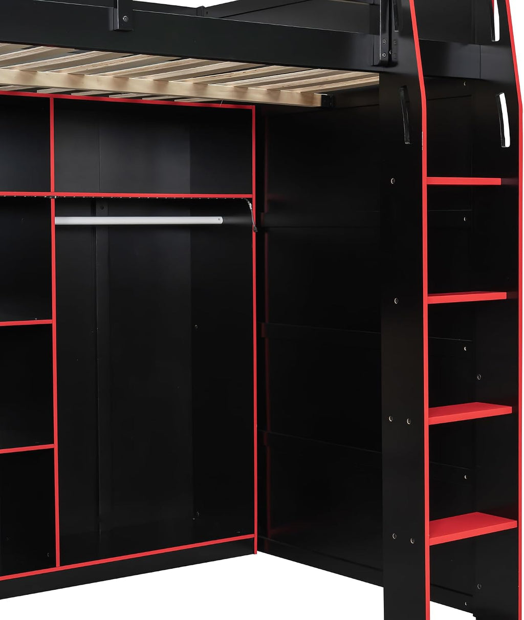 Merax Wood Loft Bed with Desk, Open Wardrobe, Storage Compartments and RGB Lights, Full Size, Red