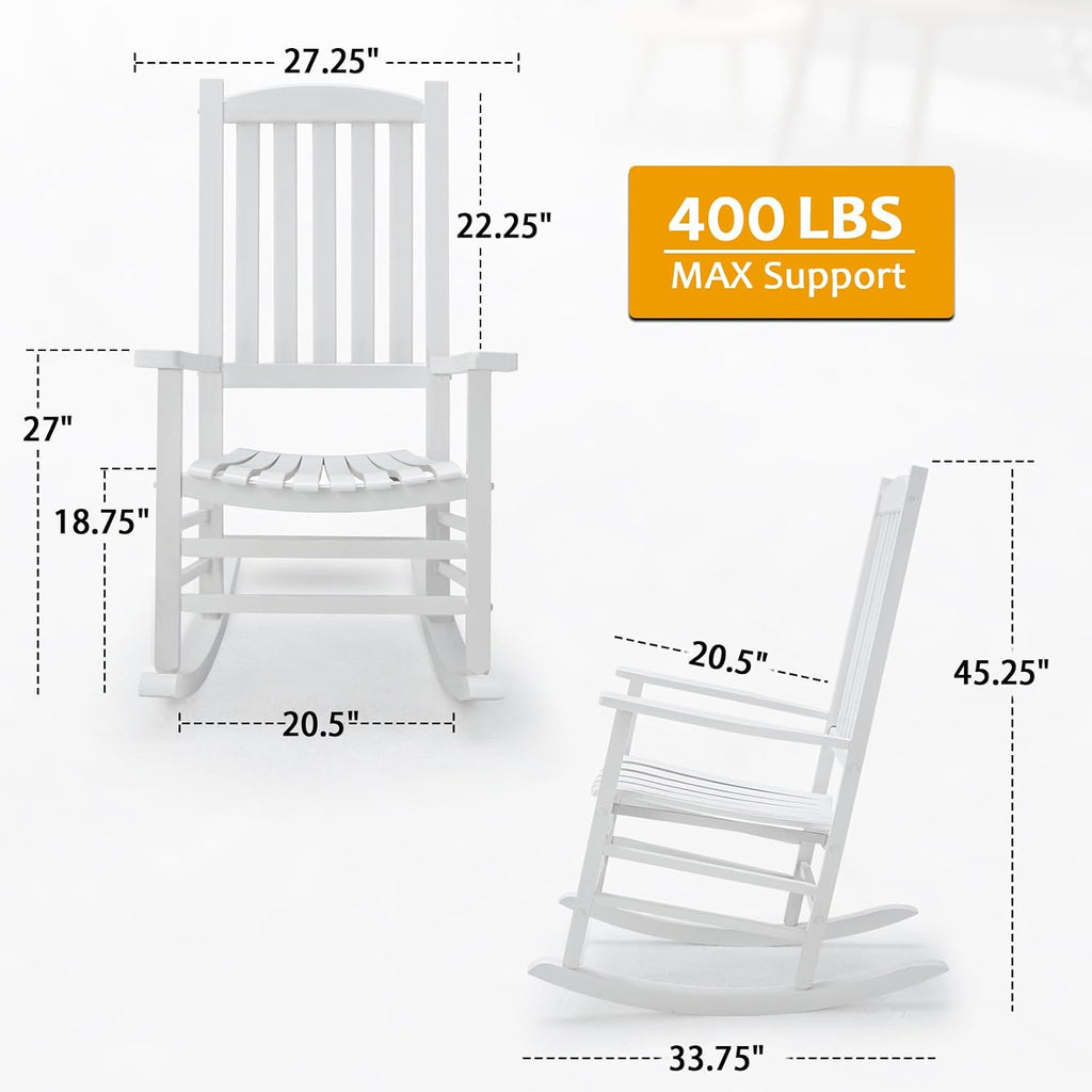 Hupmad Wooden Rocking Chair Outdoor Oversized Porch Rocker Chair,Patio Wooden Rocker with High Back and Armrest,All Weather Rocker Slatted for Backyard,Garden,400 lbs Support,White