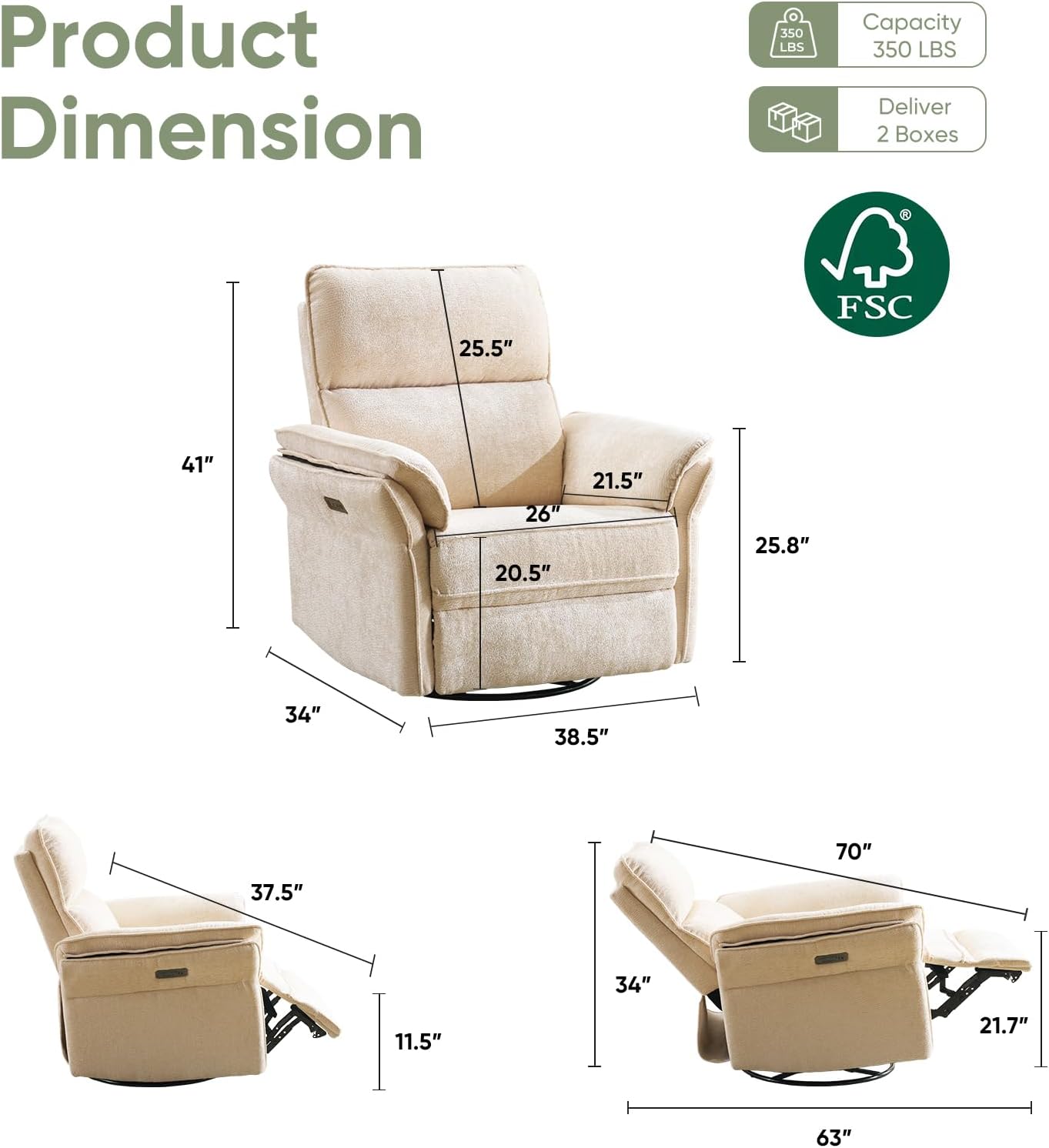 Oversized Power Recliner Chair Swivel Glider with Massage and Heat, Rocker Nursery Recliner for Adults with Adjustable Headrest, 26' Extra Wide Nursery Chair with Overstuffed Armrest,Beige