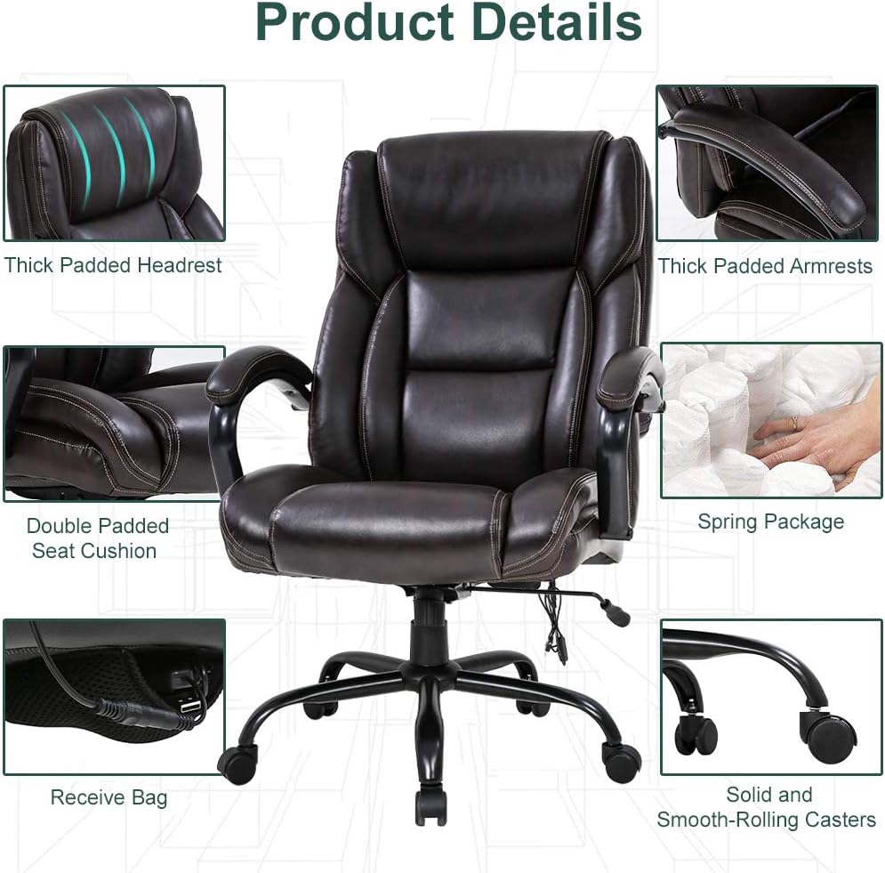 Big and Tall Office Chair 500lb Wide Seat Massage Desk Chair Ergonomic Computer Chair with Headrest Lumbar Support Armrest Rolling Swivel Chair Adjustable PU Leather Task Chair for Adults Women(Brown)